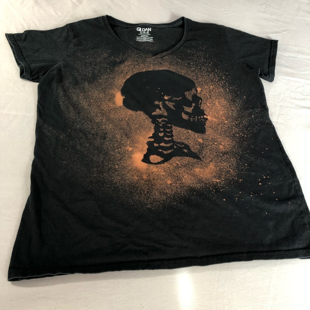 Gildan Black Tee with Skull Graphic Black Silhouette on Orange Hand-dyed Size XL